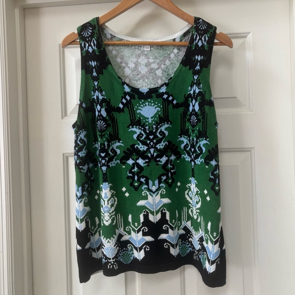 Chico’s Green Ikat Jacquard Linen Cotton Blend Sleeveless Tank Top Size 2 (L)